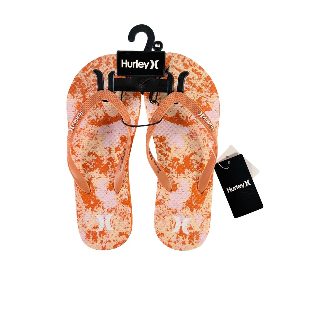 Hurley Women's Watercolor Flip Flops Orange White Flat Sandals‎ Size 6M New Rare